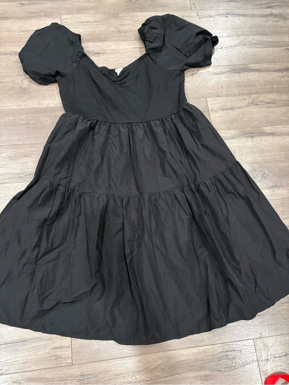 Ashley Stewart Melloday Black V-Neck Puff Sleeve Tiered Midi Dress - Picture 2 of 6